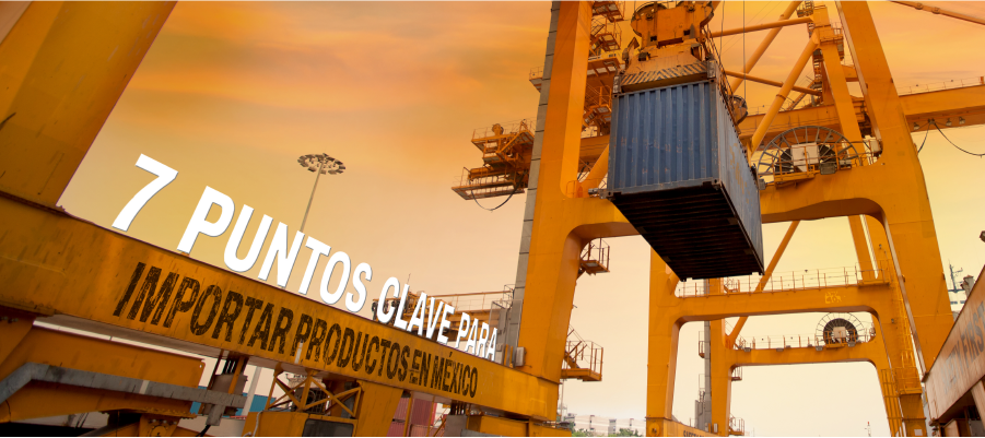 Contenedor en Puerto Mexicano con texto de 7 puntos clave para importar productos en México