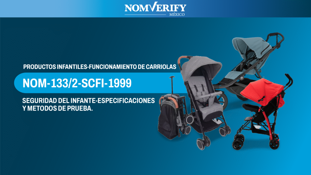 Carriola infantil tipo bastón plegable siendo evaluada para cumplir con la NOM-133/2-SCFI-1999.